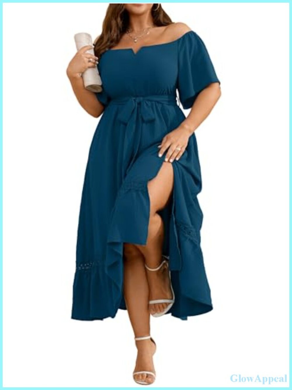 Plus Size Off The Shoulder Maxi Dress with Belt - Wedding Guest Formal